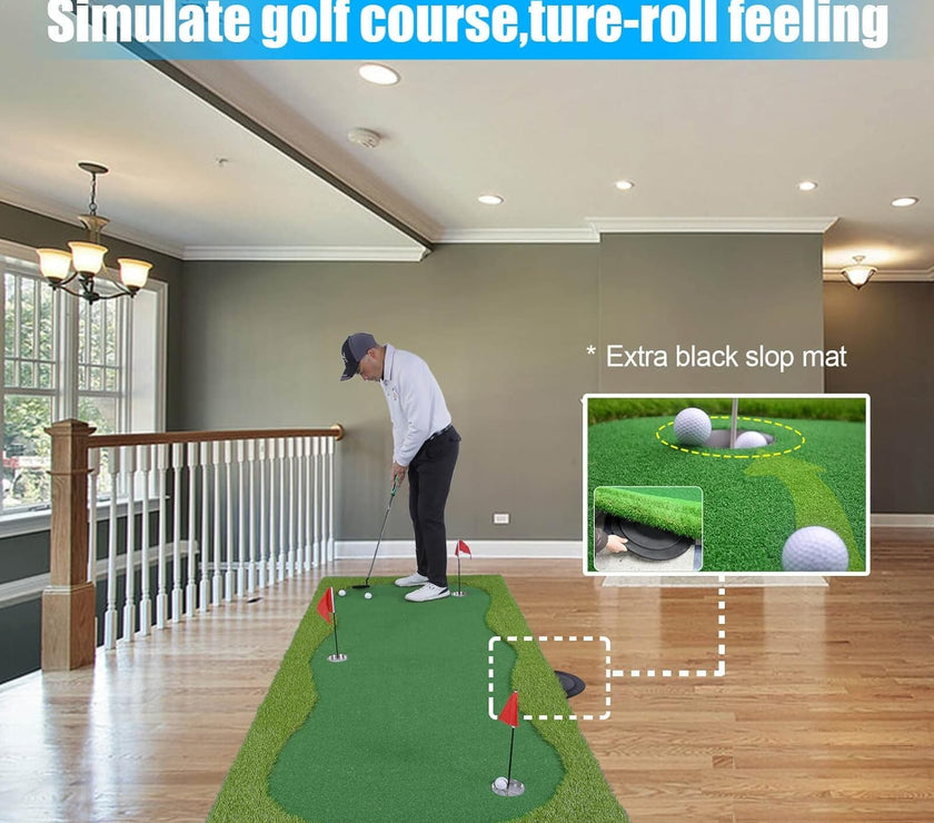 Man practicing putts on an indoor golf putting green in a living room with three holes and flags
