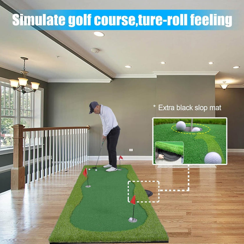Man practicing putts on an indoor golf putting green in a living room with three holes and flags