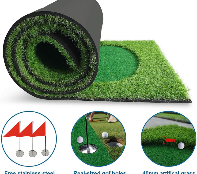 Under Par Discount Golf indoor golf putting green rolled turf mat with cup hole and flags icons