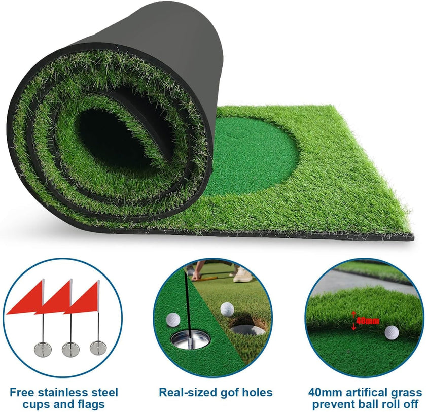 Under Par Discount Golf indoor golf putting green rolled turf mat with cup hole and flags icons