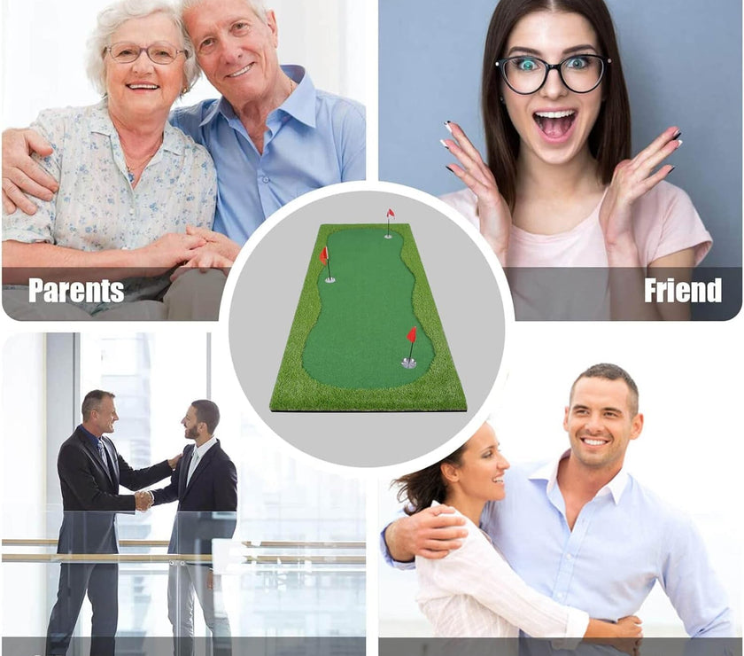 Under Par Discount Golf indoor golf putting green mat with three flags shown in gift collage for parents friend client husband