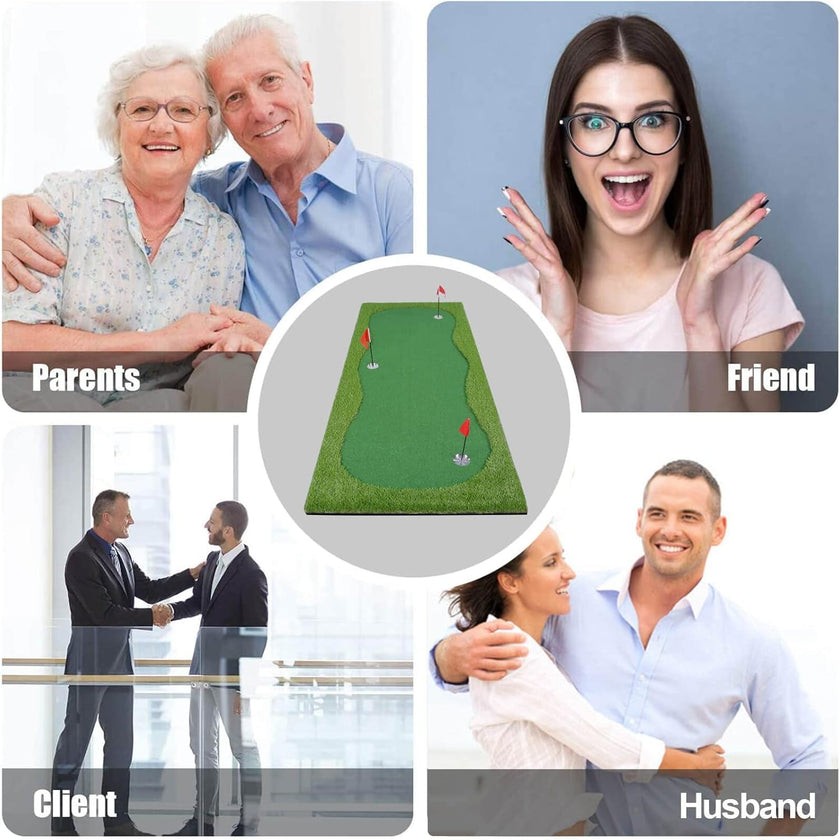 Under Par Discount Golf indoor golf putting green mat with three flags shown in gift collage for parents friend client husband