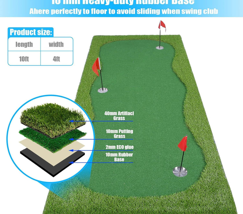 Under Par Discount Golf indoor golf putting green 10ft x 4ft three hole mat with rubber base and layered turf