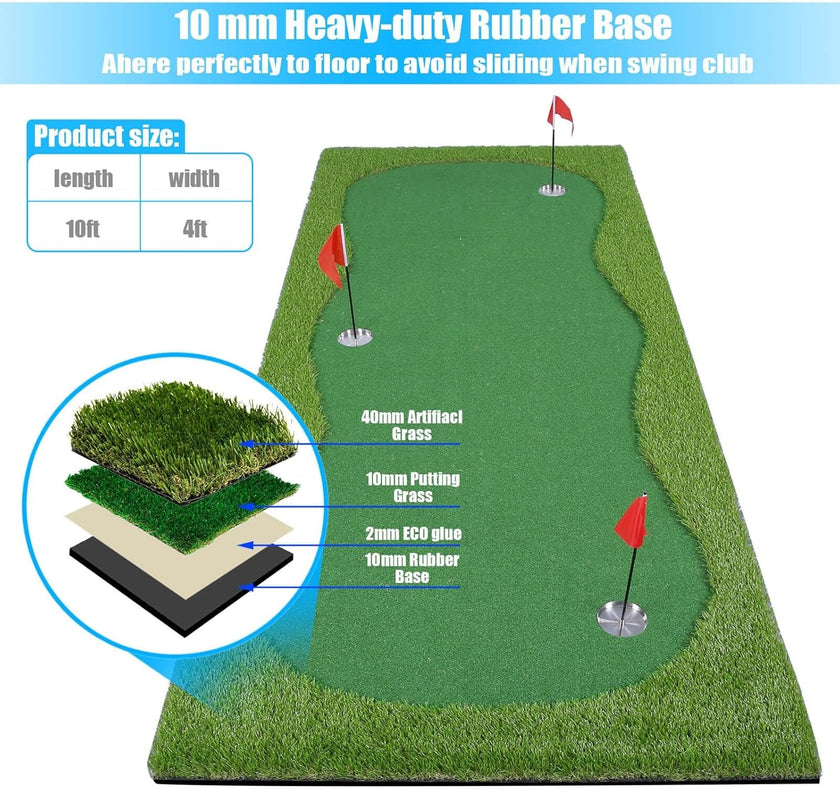 Under Par Discount Golf indoor golf putting green 10ft x 4ft three hole mat with rubber base and layered turf