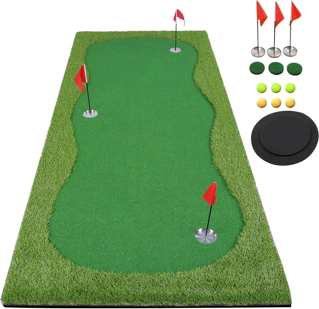 Under Par Discount Golf indoor golf putting green mat with three holes flags practice balls and tees