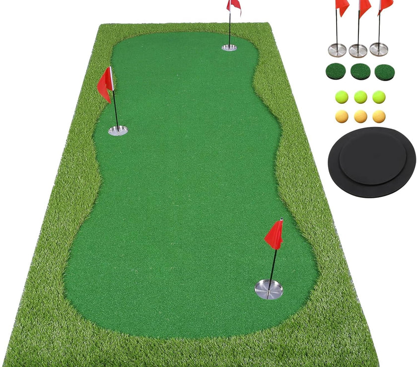 Under Par Discount Golf indoor golf putting green mat with three holes flags practice balls and tees