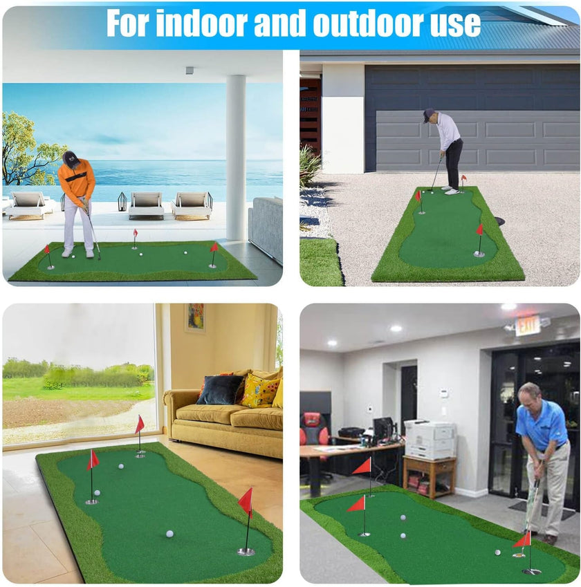 Under Par Discount Golf indoor golf putting green collage showing use indoors and outdoors with flags