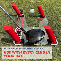 Under Par Discount Golf Speed Trap swing trainer with driver on clear base and four red guide rods on grass