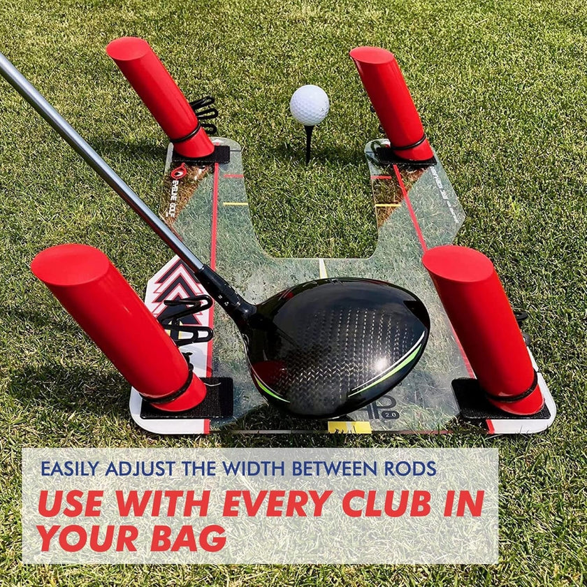 Under Par Discount Golf Speed Trap swing trainer with driver on clear base and four red guide rods on grass