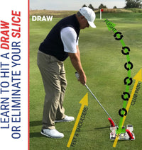 Golfer using Speed Trap swing trainer on fairway with arrows showing club path to learn draw or fix slice