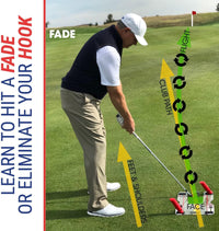 Golfer using Speed Trap swing trainer on fairway with annotated club path arrows showing fade guidance and stance alignment