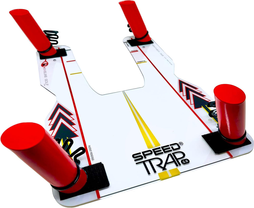 Speed Trap swing trainer white alignment board with red posts and handles for golf swing practice