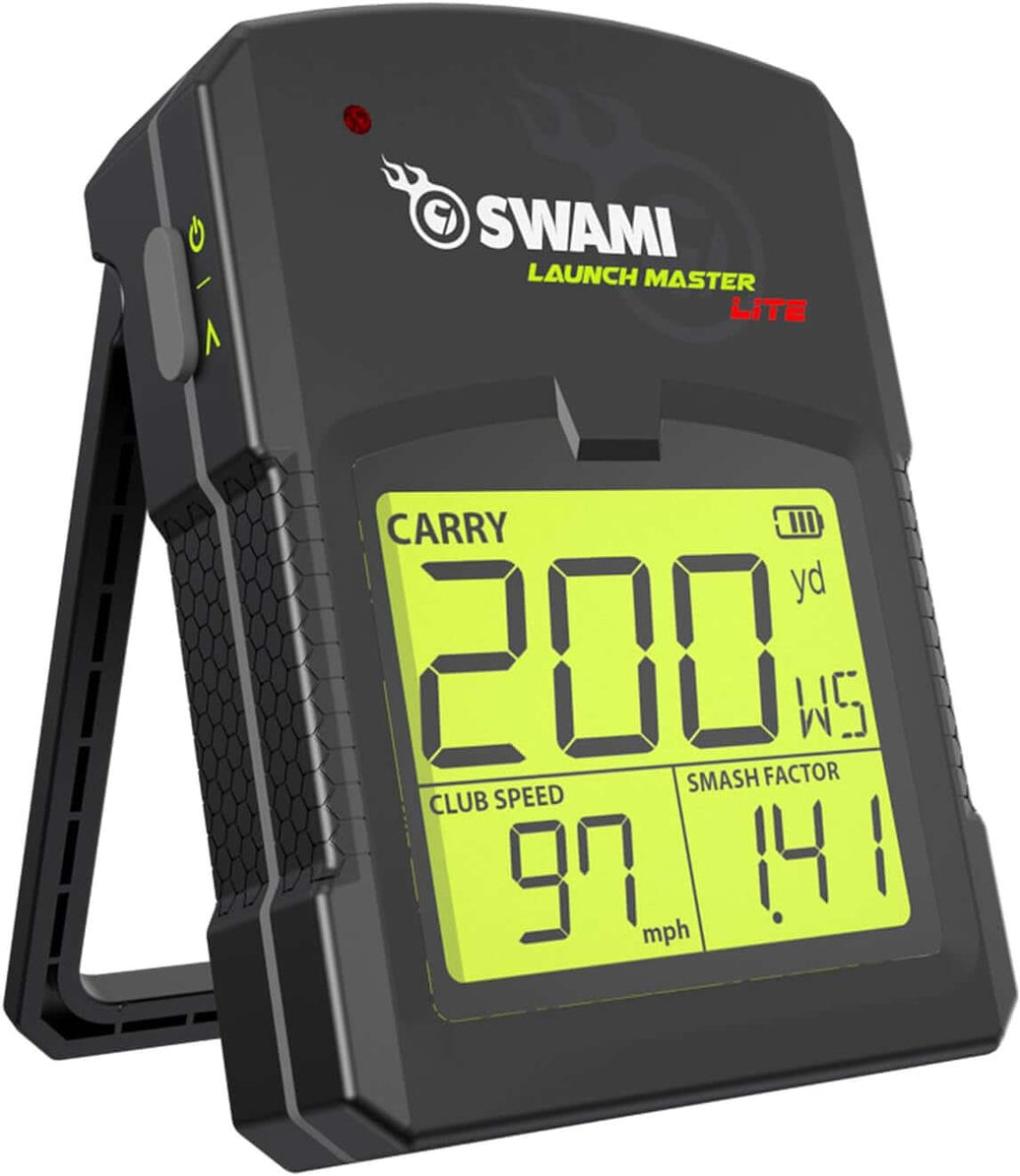 Swami Launch Master Lite portable golf launch simulator showing carry distance, club speed, and smash factor in real-time