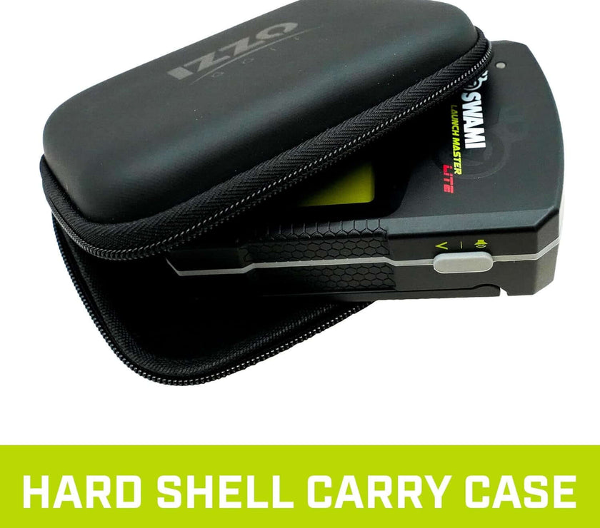 Swami Launch Master Lite golf launch simulator device partially inside a black hard shell carry case with zipper.