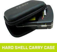 Swami Launch Master Lite golf launch simulator device partially inside a black hard shell carry case with zipper.