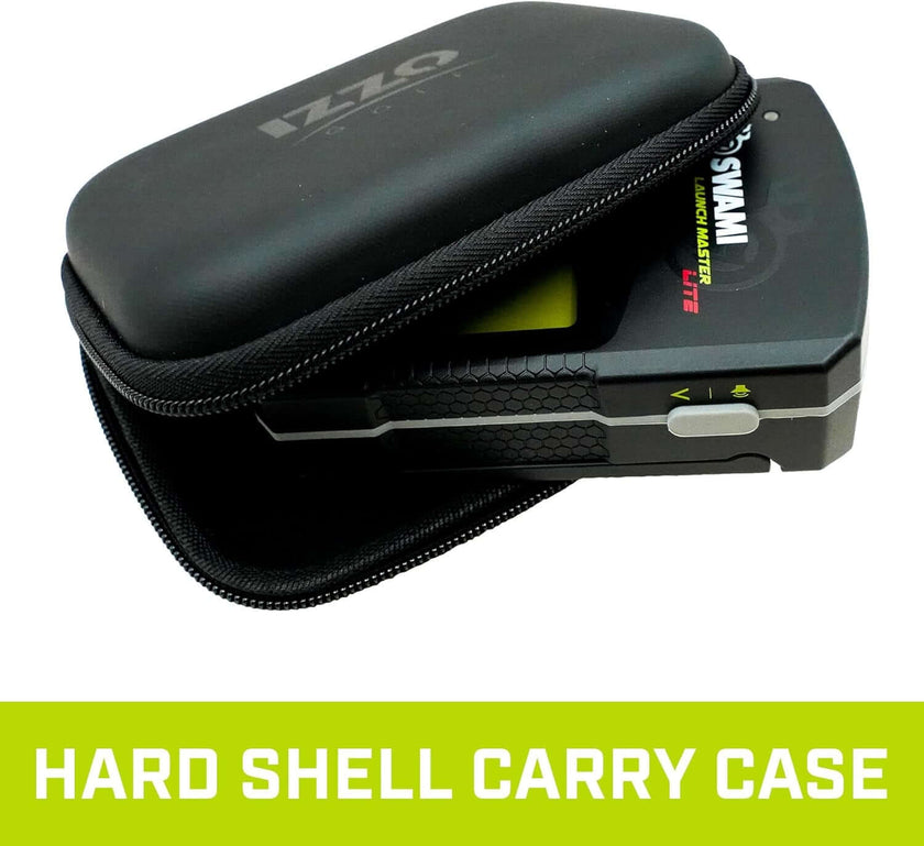 Swami Launch Master Lite golf launch simulator device partially inside a black hard shell carry case with zipper.