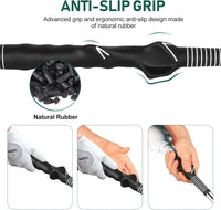 Anti-slip grip on telescopic golf training stick made of natural rubber for enhanced swing control.