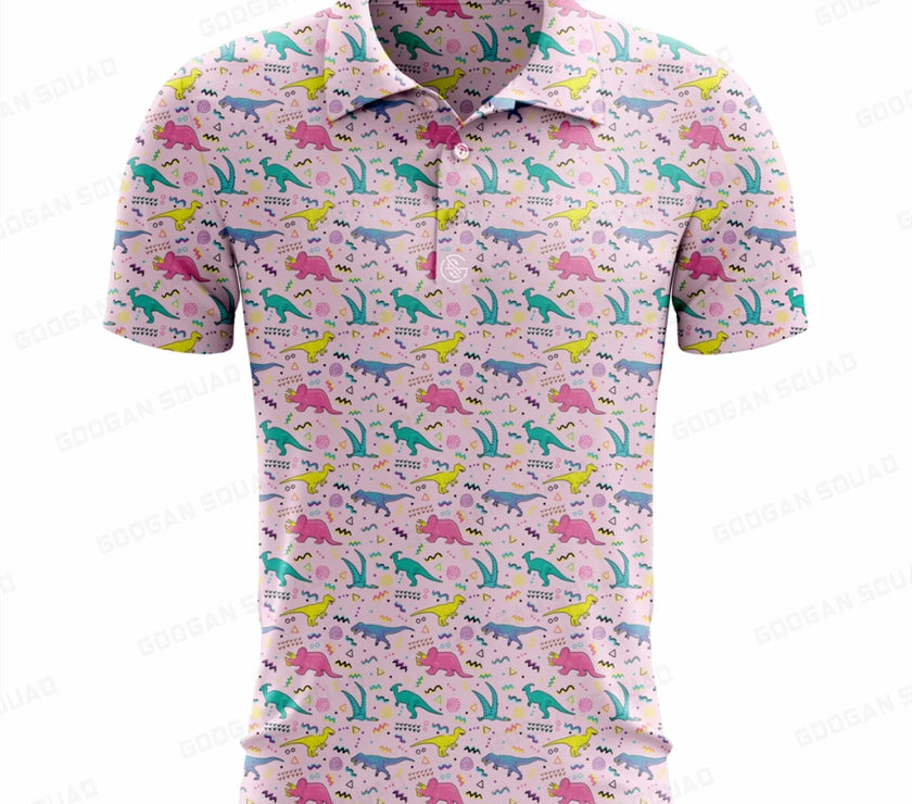 Plus size summer polo shirt in pink with colorful animal print for stylish golf outings