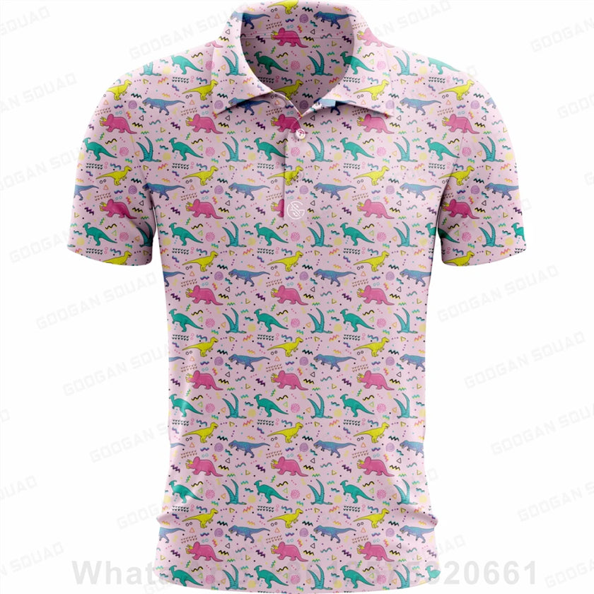Plus size summer polo shirt in pink with colorful animal print for stylish golf outings