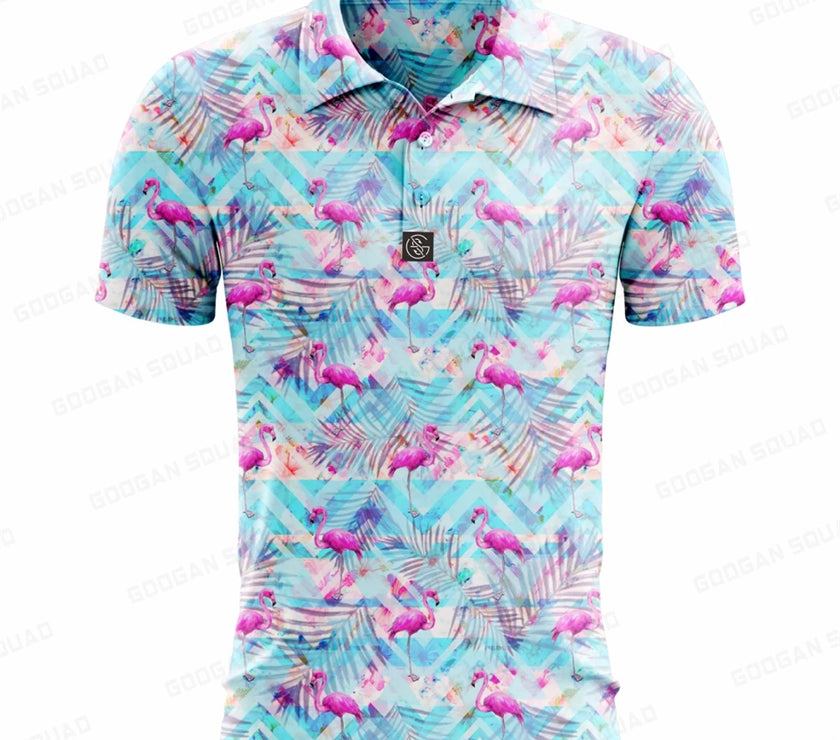 Bright blue plus size summer polo shirt with colorful flamingo and palm leaf pattern