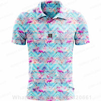Bright blue plus size summer polo shirt with colorful flamingo and palm leaf pattern