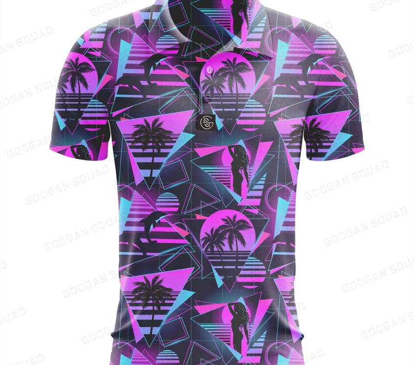Vibrant plus size summer polo shirt with tropical patterns and geometric designs by Under Par Discount Golf