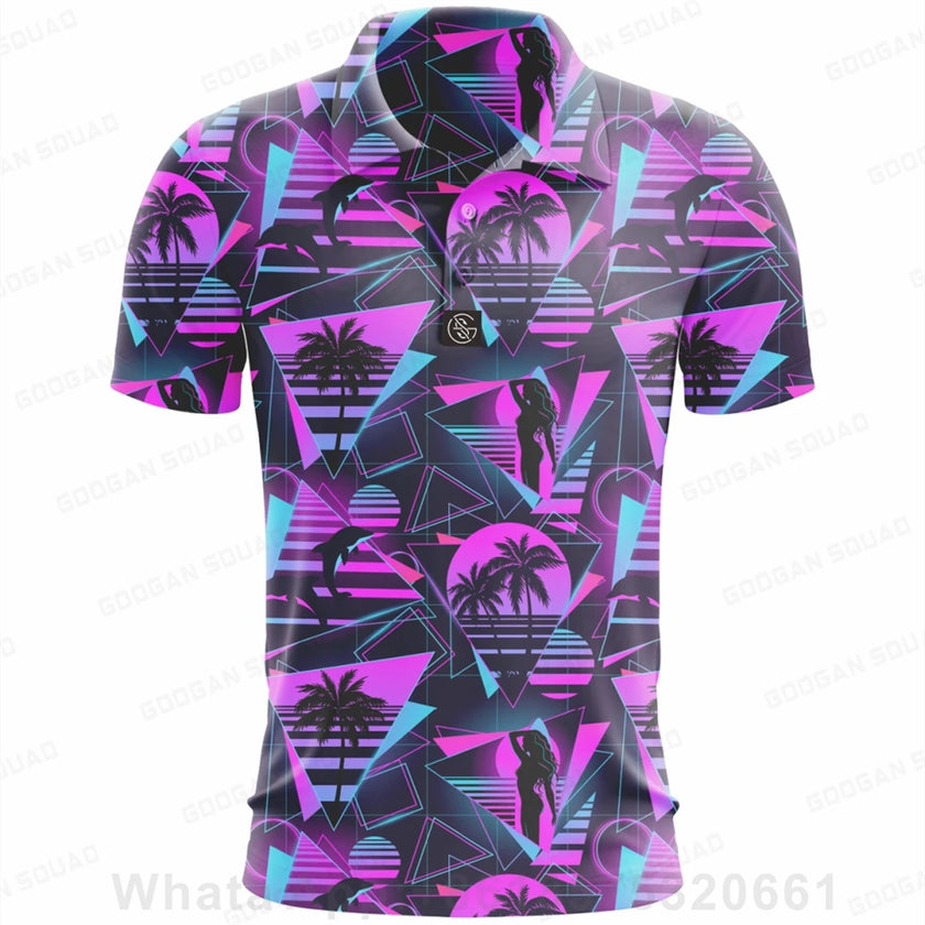 Vibrant plus size summer polo shirt with tropical patterns and geometric designs by Under Par Discount Golf