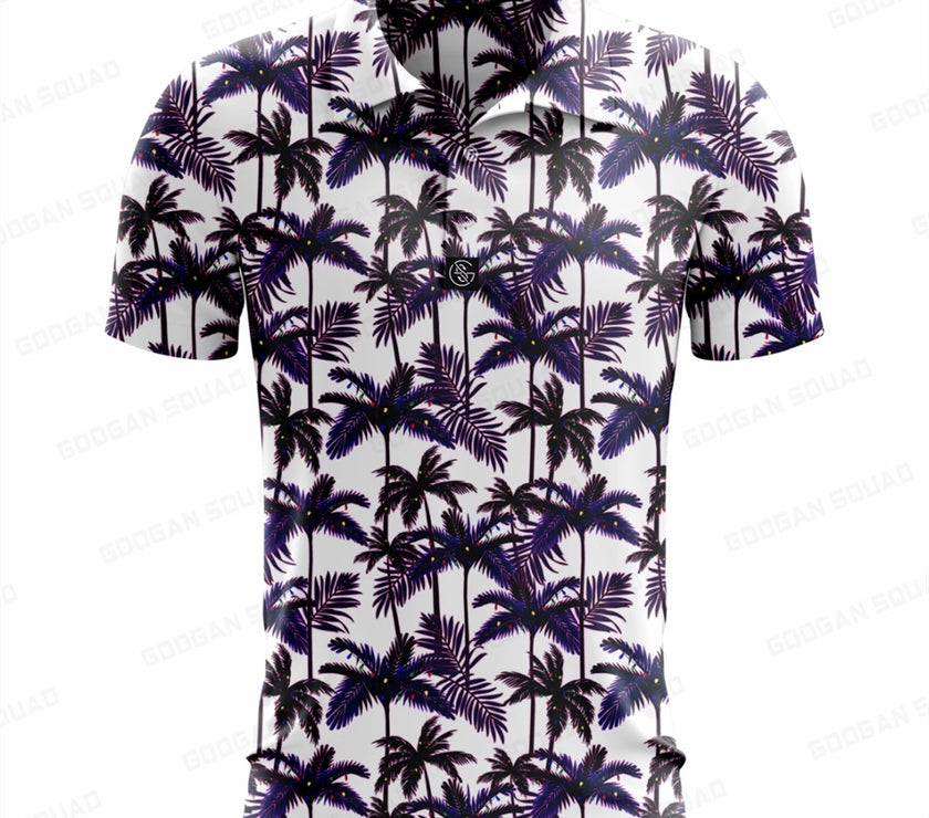 Plus size summer polo shirt with a tropical palm tree print for comfortable outdoor wear