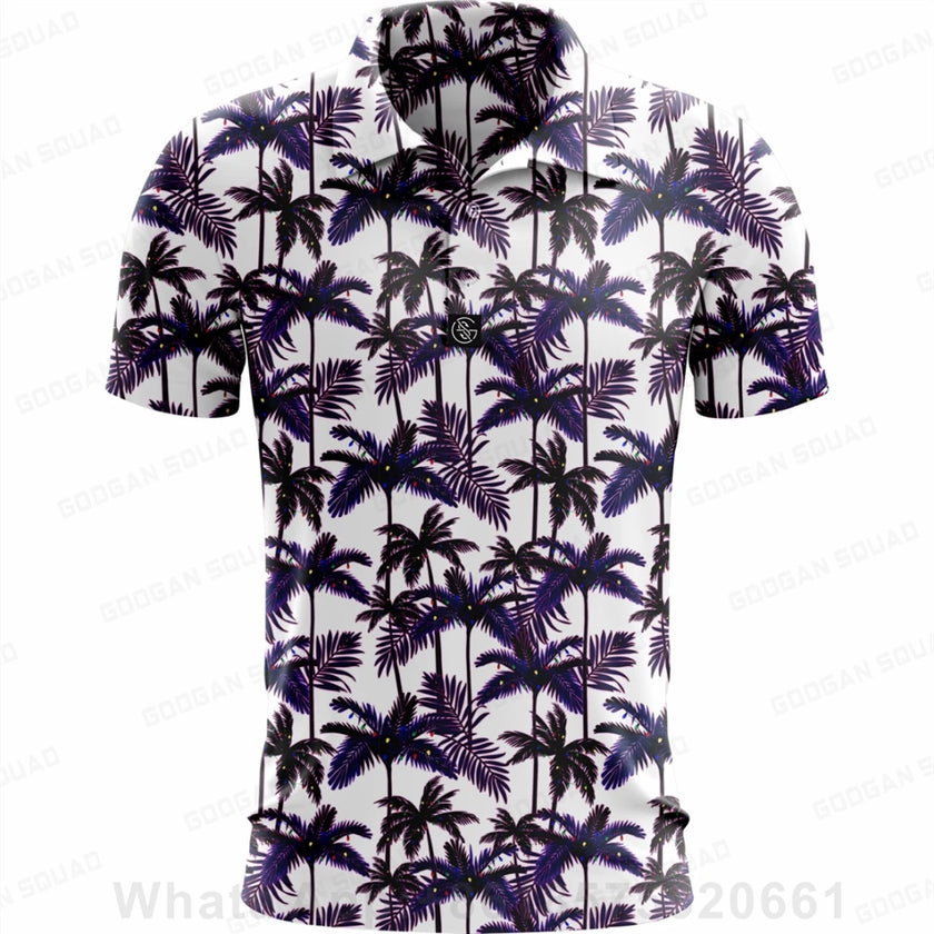 Plus size summer polo shirt with a tropical palm tree print for comfortable outdoor wear