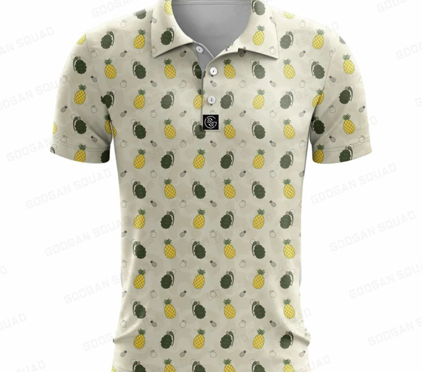 Under Par Discount Golf plus size summer polo shirt with pineapple print on a light background