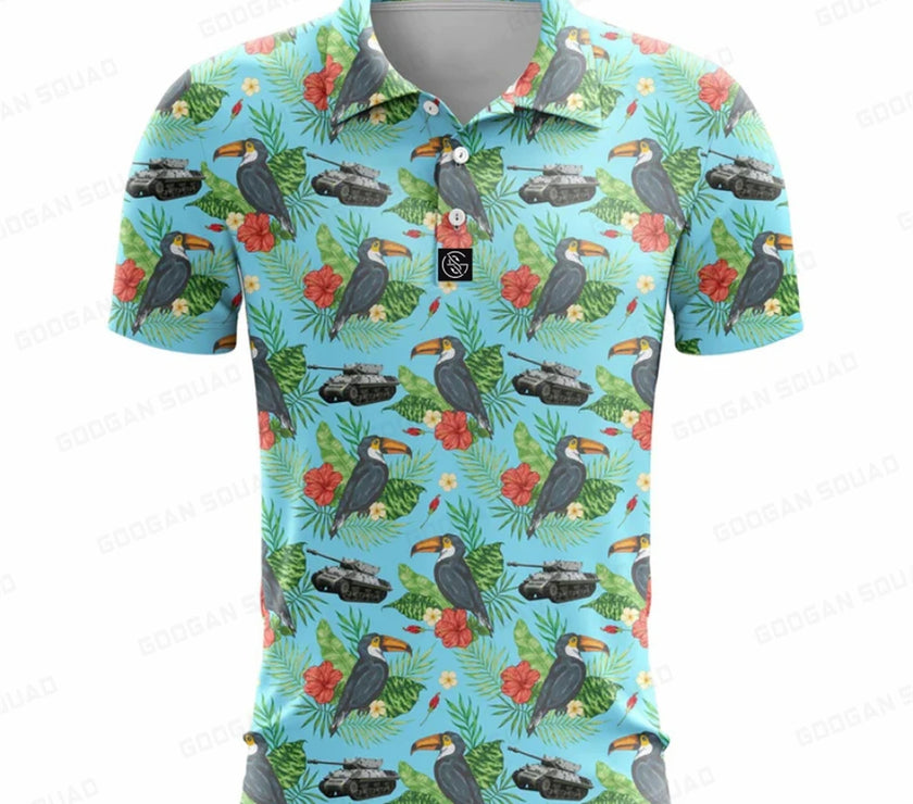 Under Par Discount Golf plus size summer polo shirt with vibrant toucan and floral pattern on a blue background