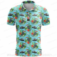 Under Par Discount Golf plus size summer polo shirt with vibrant toucan and floral pattern on a blue background