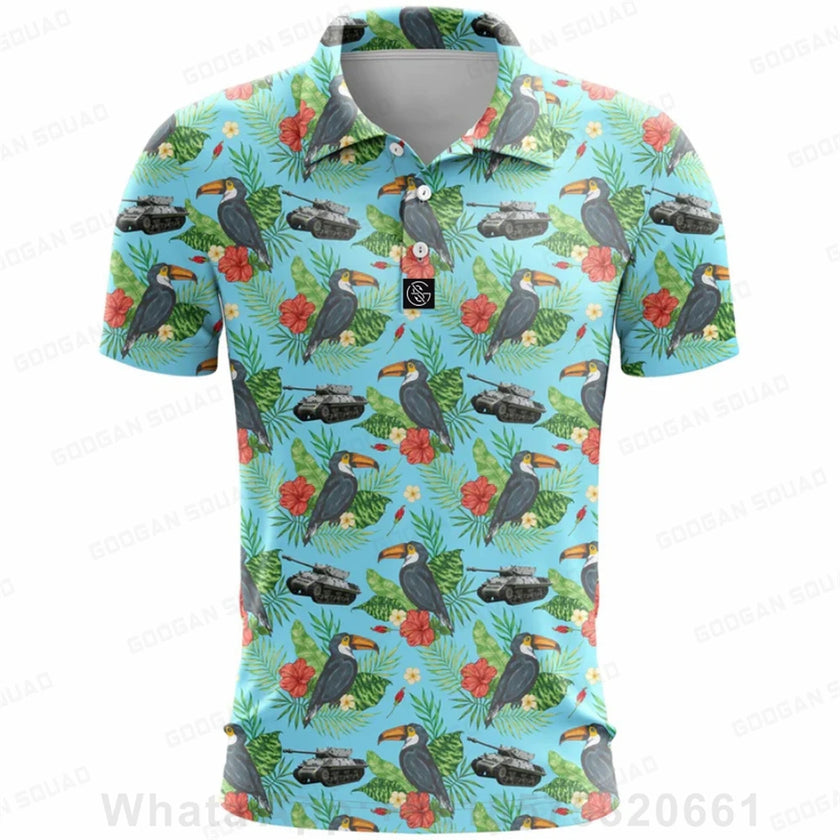 Under Par Discount Golf plus size summer polo shirt with vibrant toucan and floral pattern on a blue background