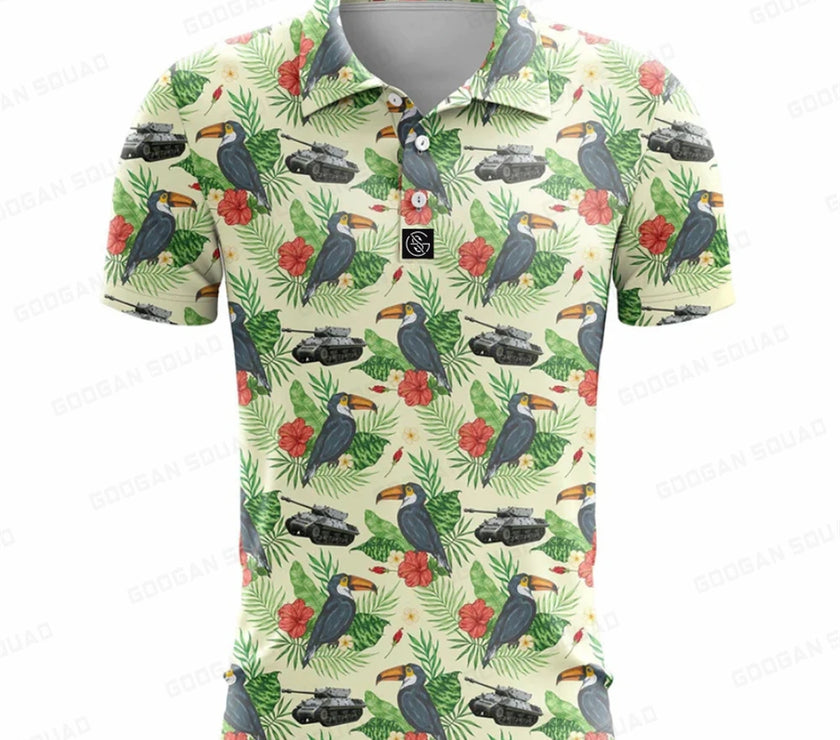 Under Par Discount Golf plus size summer polo shirt with tropical toucan and floral print design