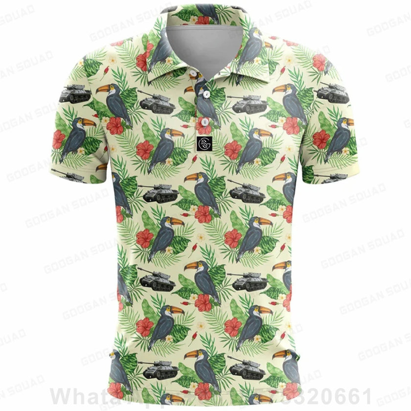 Under Par Discount Golf plus size summer polo shirt with tropical toucan and floral print design