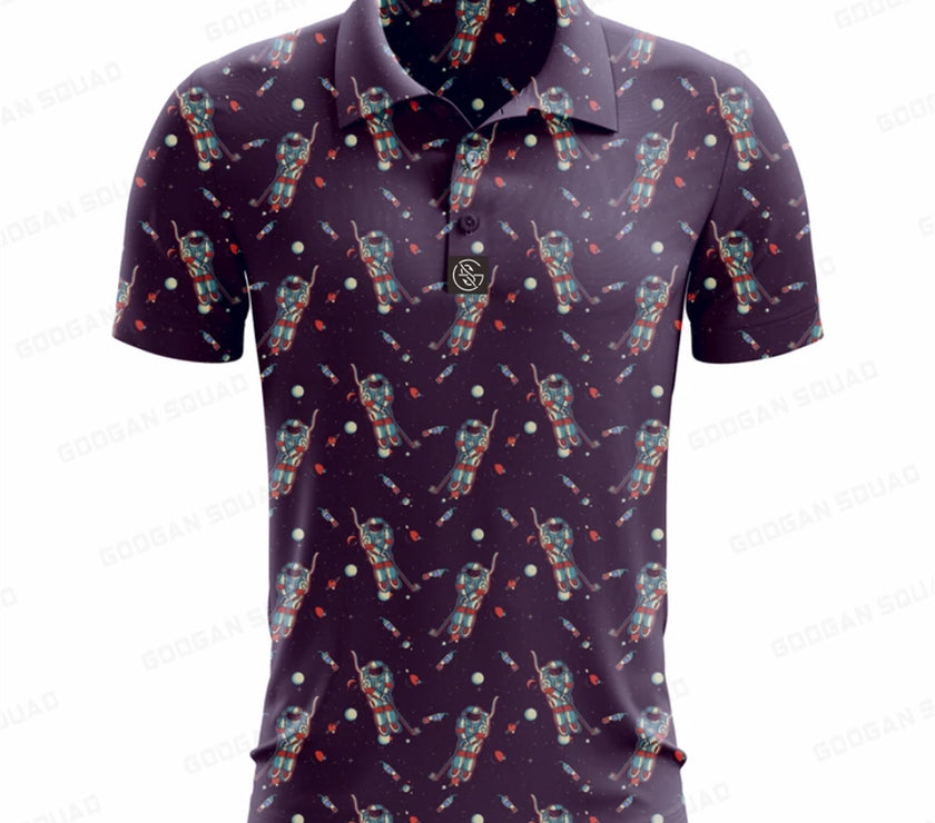 Under Par Discount Golf plus size summer polo shirt featuring a vibrant golfing print on a dark background