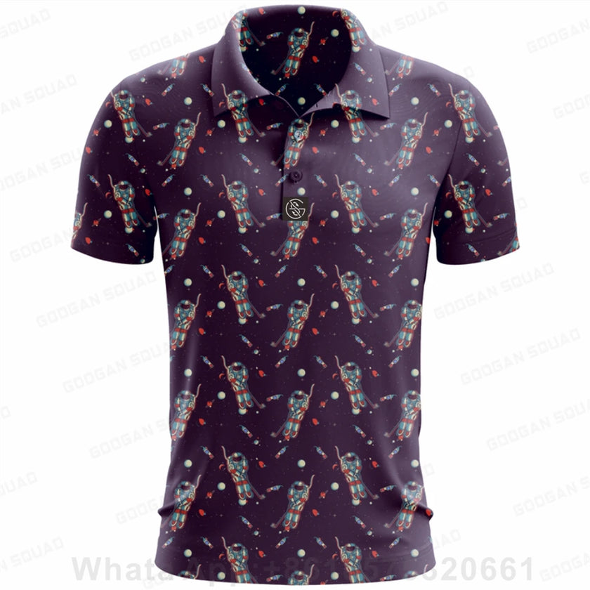 Under Par Discount Golf plus size summer polo shirt featuring a vibrant golfing print on a dark background