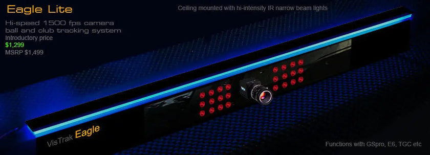 Ceiling-mounted GSA VisTrak Eagle Lite launch monitor with high-speed camera and IR LED lights.