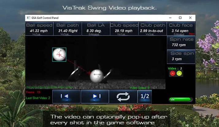 GSA VisTrak Eagle Lite launch monitor showcasing swing video playback and data analysis.