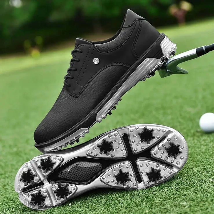 Under Par Discount Golf Wind Rider V1 golf shoes in black with spiked soles for optimal grip