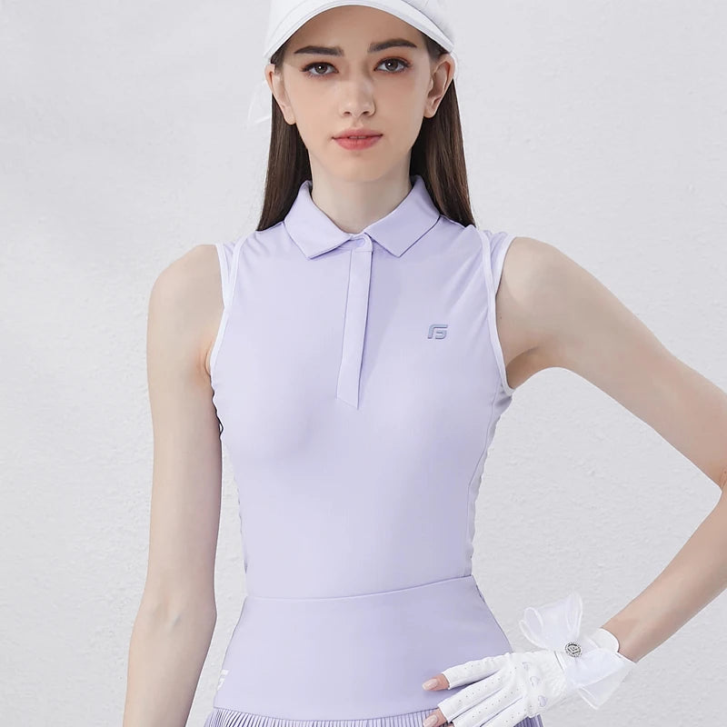 Light purple women's golf polo shirt with a classic collar and fitted design for comfort on the course