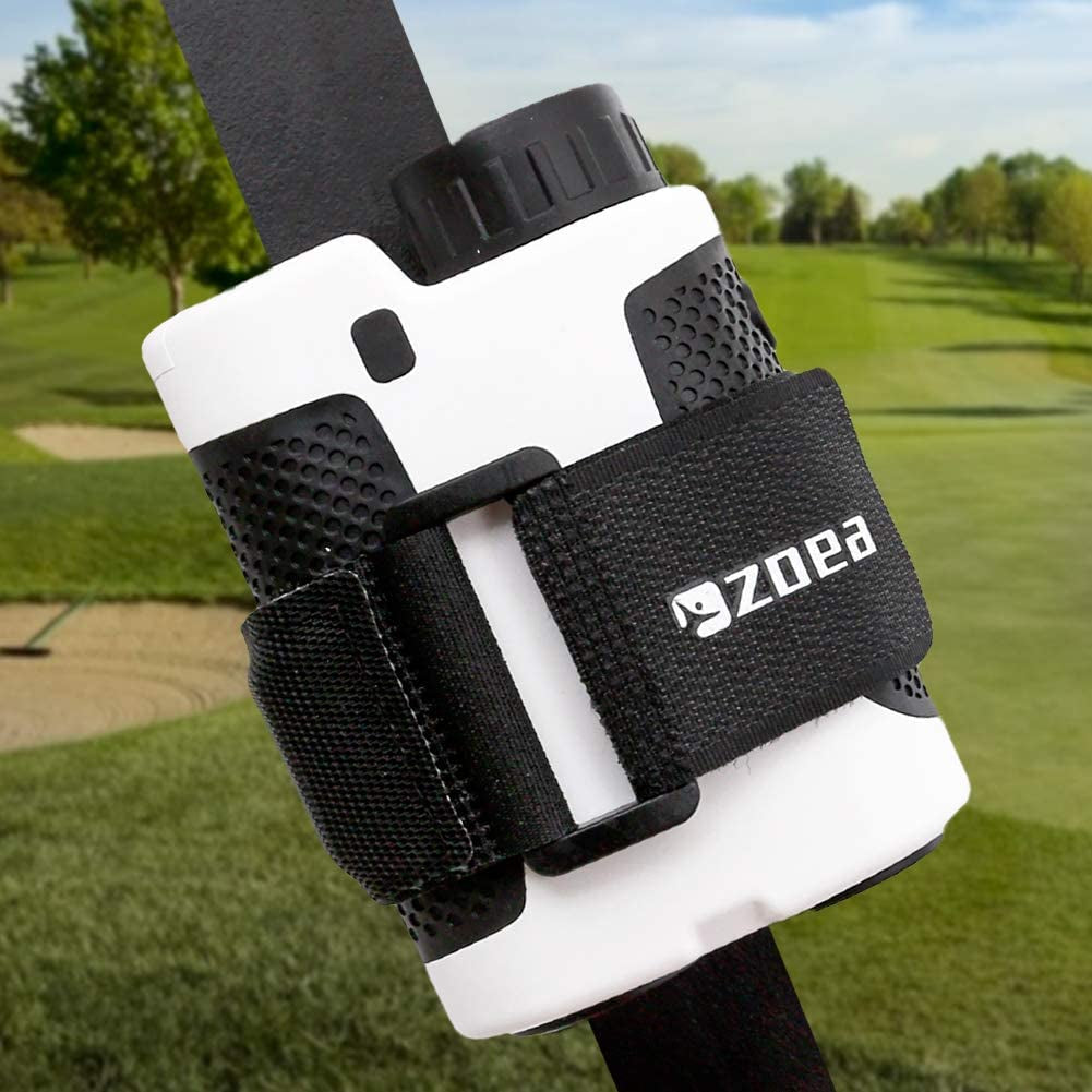 Magnetic rangefinder mount strap on golf cart, enhancing golfing experience.